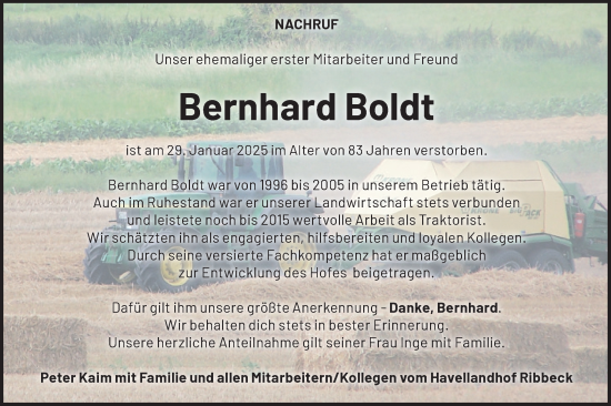 Traueranzeige von Bernhard Boldt von Märkische Oderzeitung