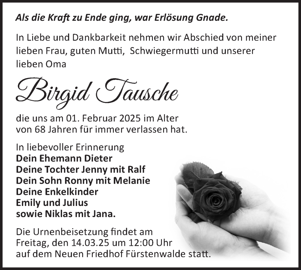  Traueranzeige für Birgid Tausche vom 08.03.2025 aus Märkische Oderzeitung