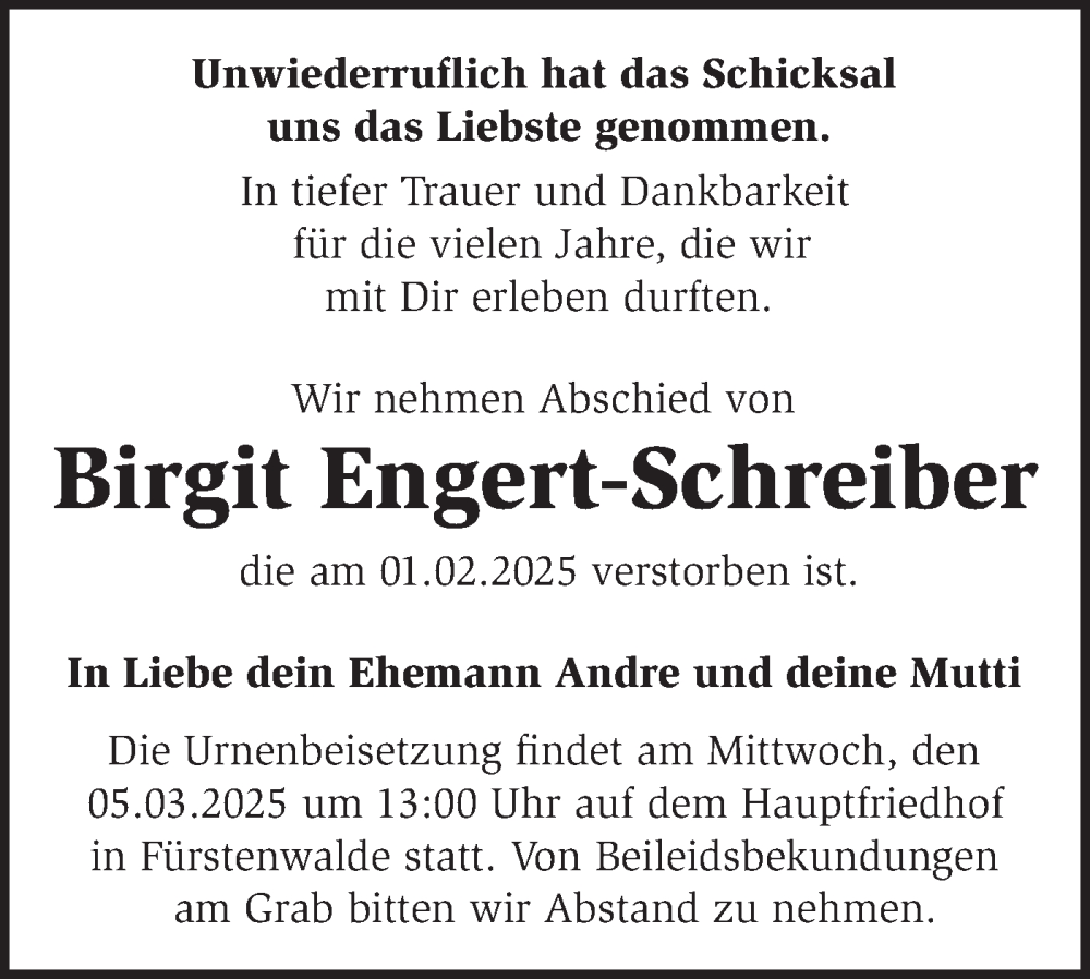  Traueranzeige für Birgit Engert-Schreiber vom 01.03.2025 aus Märkische Oderzeitung