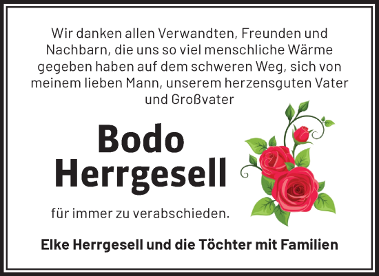 Traueranzeige von Bodo Herrgesell von Märkische Oderzeitung