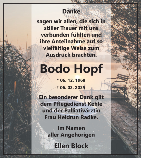 Traueranzeige von Bodo Hopf von Märkische Oderzeitung