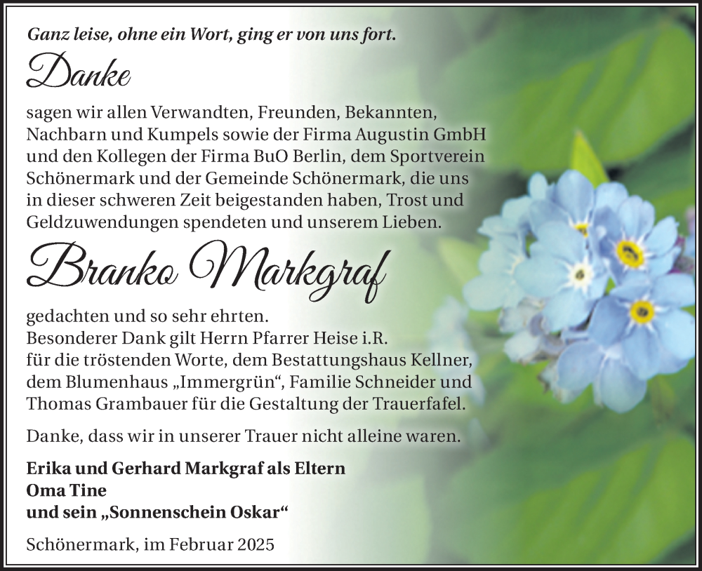  Traueranzeige für Branko Markgraf vom 01.03.2025 aus Märkische Oderzeitung