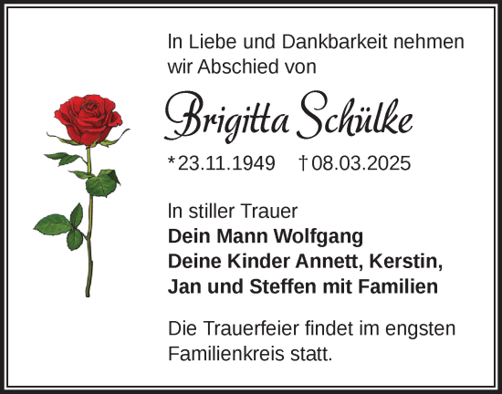 Traueranzeige von Brigitta Schülke von Märkische Oderzeitung