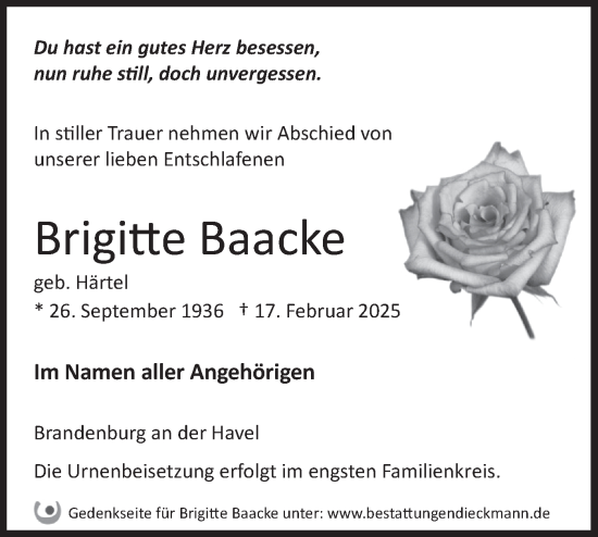 Traueranzeige von Brigitte Baacke von Märkische Oderzeitung