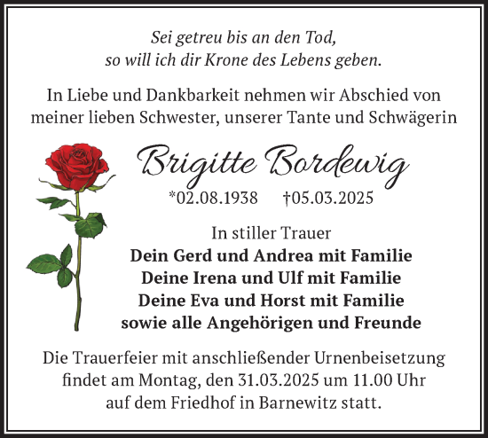 Traueranzeige von Brigitte Bordewig von Märkische Oderzeitung