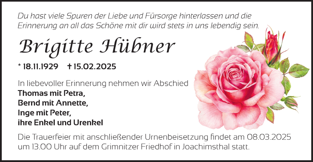  Traueranzeige für Brigitte Hübner vom 01.03.2025 aus Märkische Oderzeitung