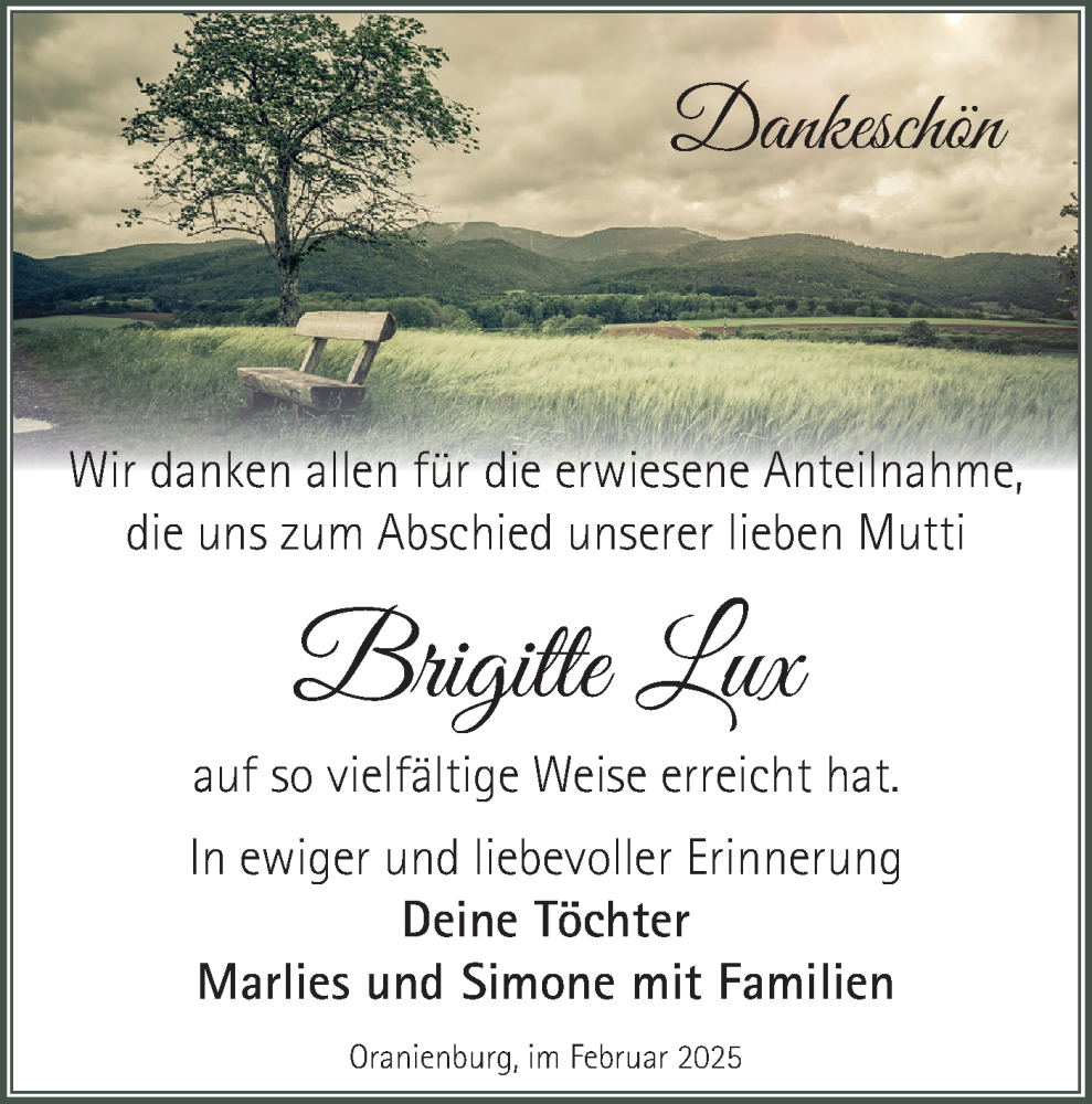 Traueranzeige für Brigitte Lux vom 01.03.2025 aus Märkische Oderzeitung