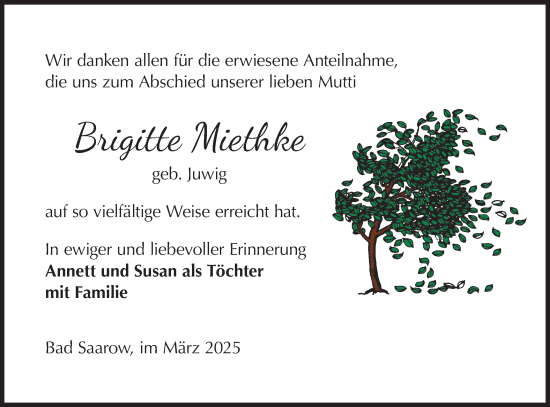 Traueranzeige von Brigitte Miethke von Märkische Oderzeitung