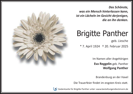 Traueranzeige von Brigitte Panther von Märkische Oderzeitung