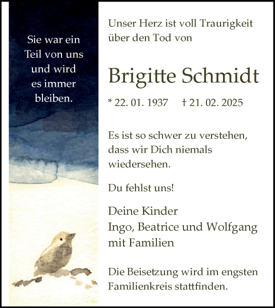 Traueranzeige von Brigitte Schmidt von Märkische Oderzeitung