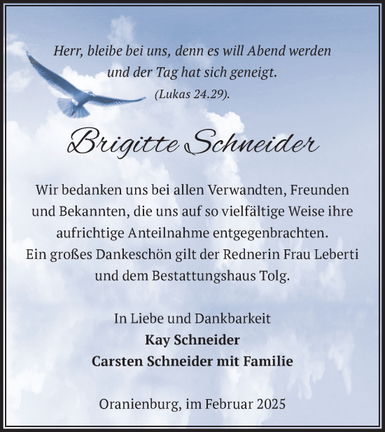 Traueranzeige von Brigitte Schneider von Märkische Oderzeitung