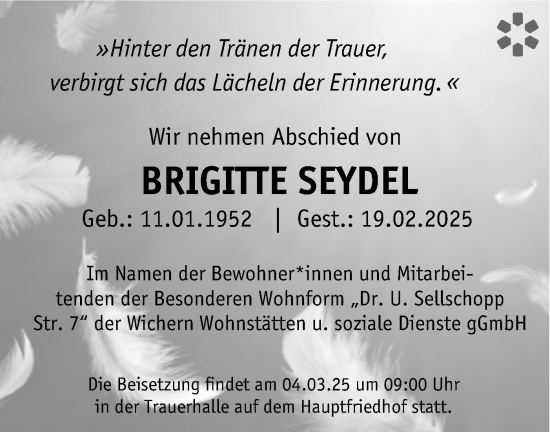 Traueranzeige von Brigitte Seydel von Märkische Oderzeitung