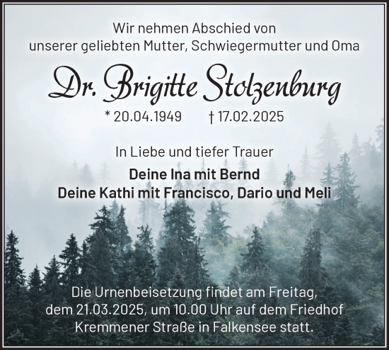 Traueranzeige von Brigitte Stolzenburg von Märkische Oderzeitung