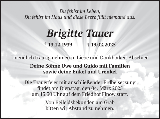 Traueranzeige von Brigitte Tauer von Märkische Oderzeitung