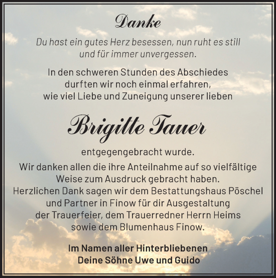Traueranzeige von Brigitte Tauer von Märkische Oderzeitung