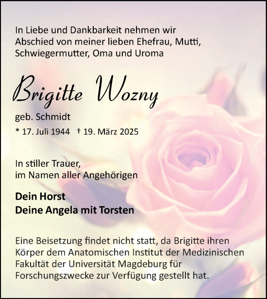 Traueranzeige von Brigitte Wozny von Märkische Oderzeitung