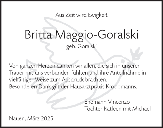 Traueranzeige von Britta Maggio-Goralski von Märkische Oderzeitung