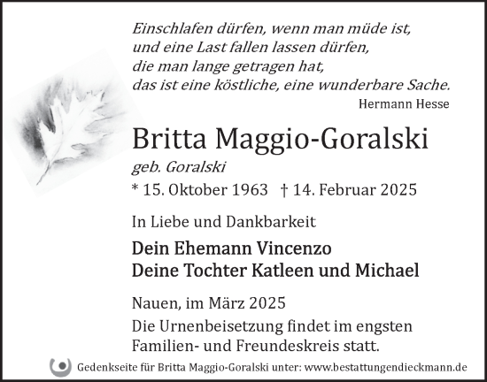 Traueranzeige von Britta Maggio-Goralski von Märkische Oderzeitung