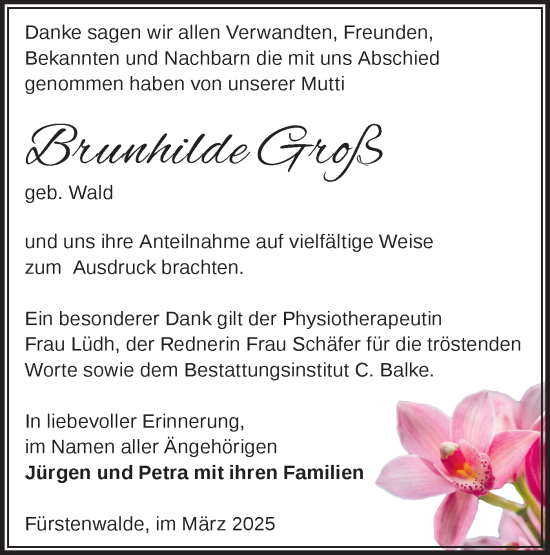 Traueranzeige von Brunhilde Groß von Märkische Oderzeitung