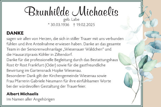 Traueranzeige von Brunhilde Michaelis von Märkische Oderzeitung