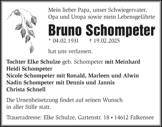 Traueranzeige von Bruno Schompeter von Märkische Oderzeitung