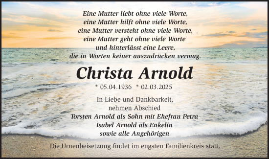 Traueranzeige von Christa Arnold von Märkische Oderzeitung