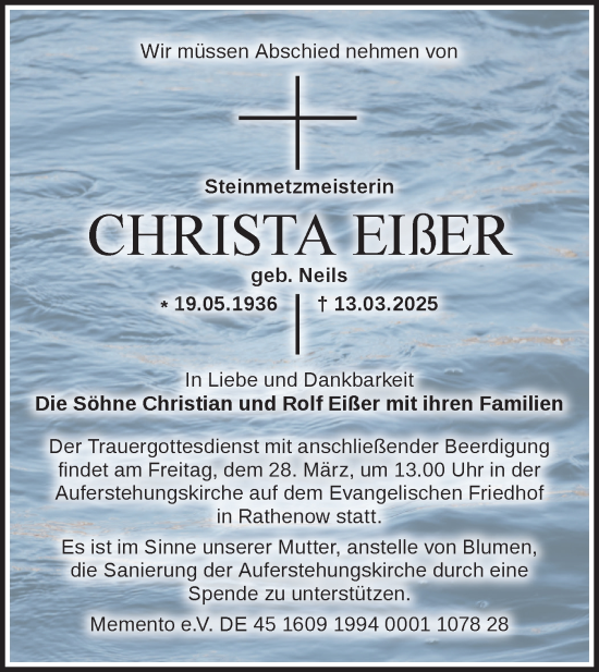 Traueranzeige von Christa Eißer von Märkische Oderzeitung