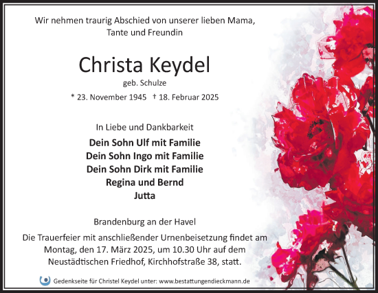 Traueranzeige von Christa Keydel von Märkische Oderzeitung