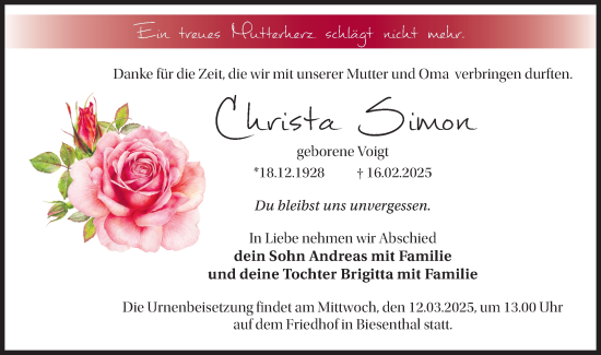 Traueranzeige von Christa Simon von Märkische Oderzeitung