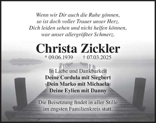 Traueranzeige von Christa Zickler von Märkische Oderzeitung