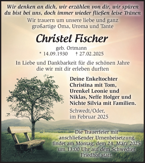 Traueranzeige von Christel Fischer von Märkische Oderzeitung
