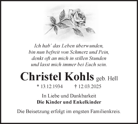 Traueranzeige von Christel Kohls von Märkische Oderzeitung