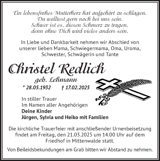 Traueranzeige von Christel Redlich von Märkische Oderzeitung