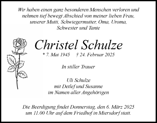 Traueranzeige von Christel Schulze von Märkische Oderzeitung