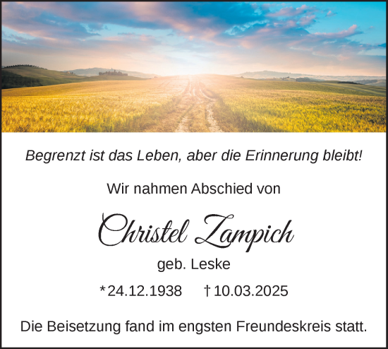 Traueranzeige von Christel Zampich von Märkische Oderzeitung