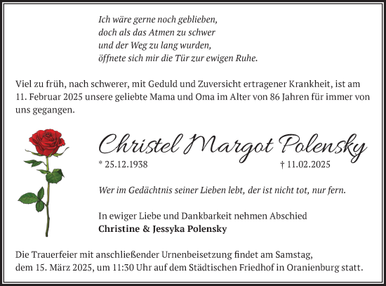 Traueranzeige von Christel Margot Polensky von Märkische Oderzeitung
