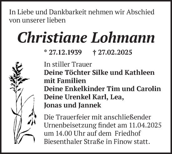 Traueranzeige von Christiane Lohmann von Märkische Oderzeitung