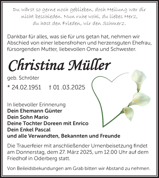Traueranzeige von Christina Müller von Märkische Oderzeitung