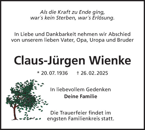 Traueranzeige von Claus-Jürgen Wienke von Märkische Oderzeitung