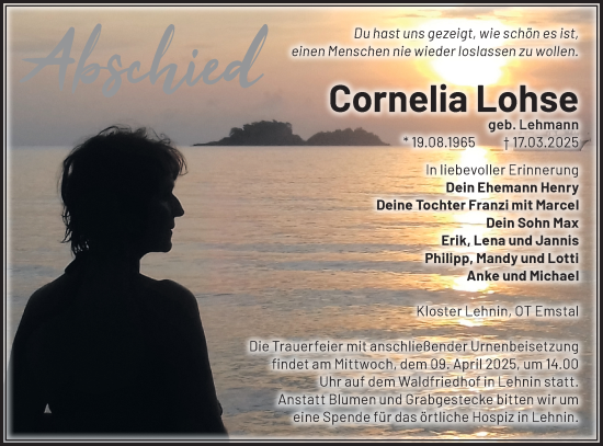 Traueranzeige von Cornelia Lohse von Märkische Oderzeitung