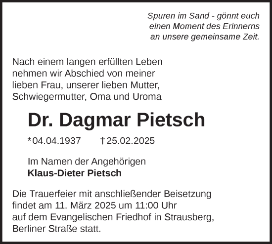 Traueranzeige von Dagmar Pietsch von Märkische Oderzeitung