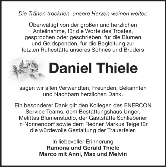 Traueranzeige von Daniel Thiele von Märkische Oderzeitung