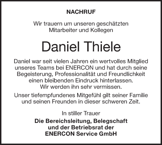 Traueranzeige von Daniel Thiele von Märkische Oderzeitung