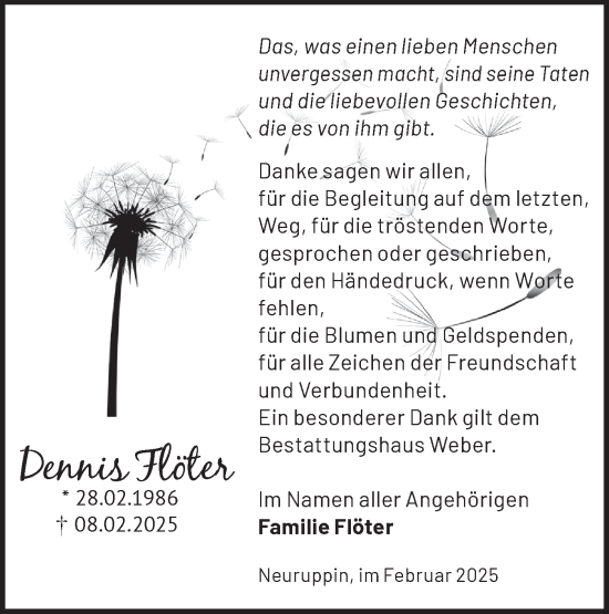Traueranzeige von Dennis Flöter von Märkische Oderzeitung