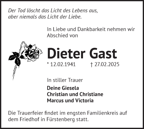 Traueranzeige von Dieter Gast von Märkische Oderzeitung