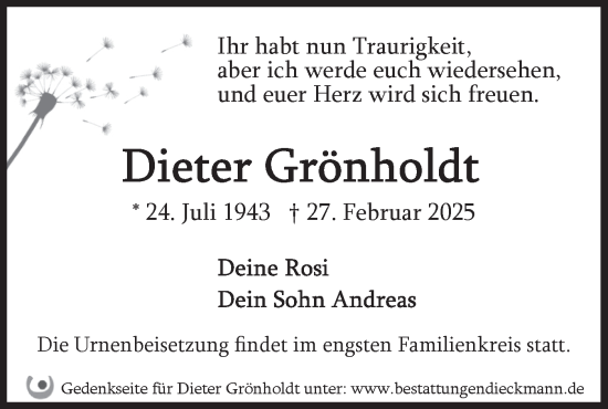 Traueranzeige von Dieter Grönholdt von Märkische Oderzeitung