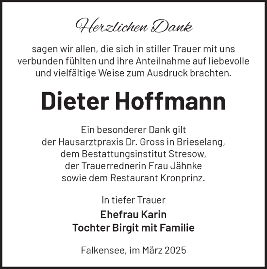 Traueranzeige von Dieter Hoffmann von Märkische Oderzeitung