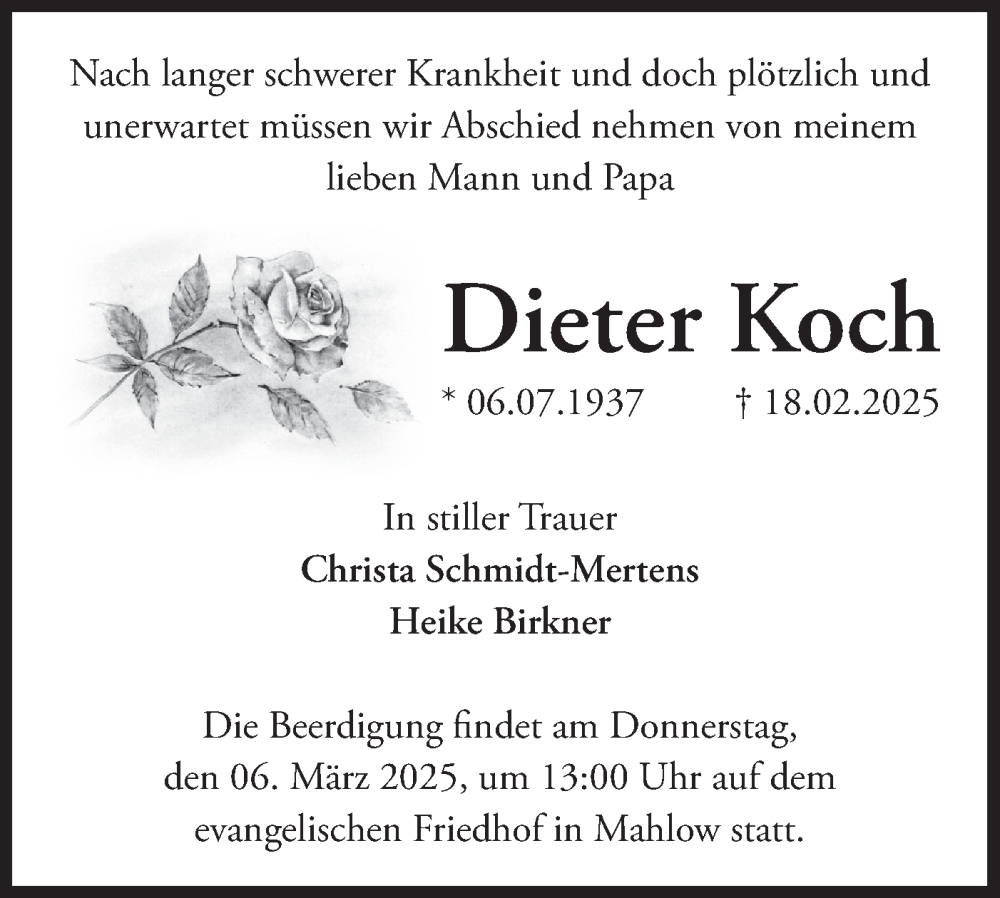  Traueranzeige für Dieter Koch vom 01.03.2025 aus Märkische Oderzeitung