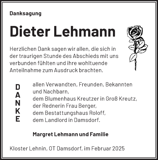 Traueranzeige von Dieter Lehmann von Märkische Oderzeitung