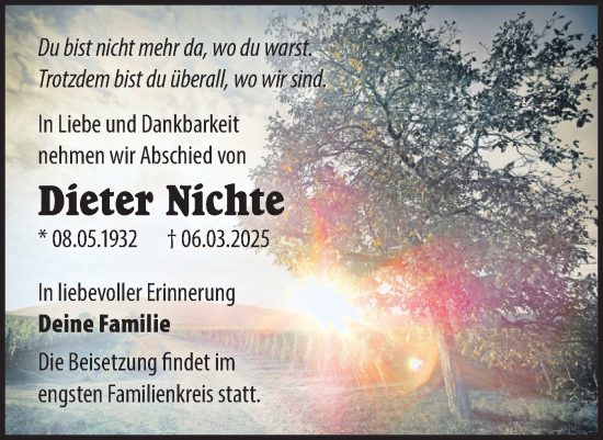 Traueranzeige von Dieter Nichte von Märkische Oderzeitung